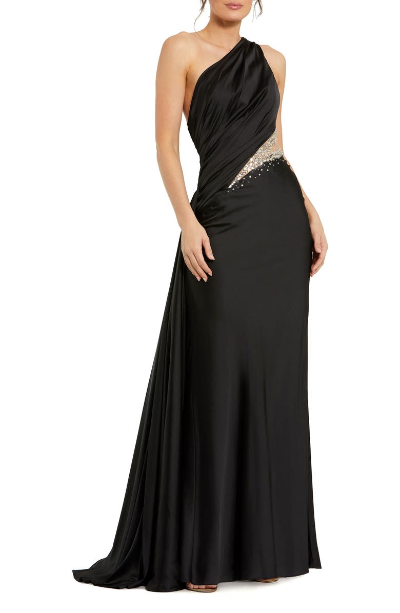 Mac Duggal One Shoulder Charmeuse Gown With Beaded Cutout, Main, color, Black