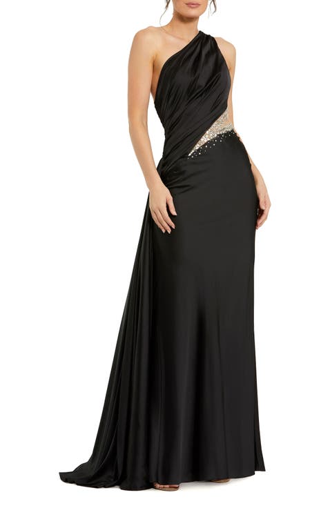 One Shoulder Charmeuse Gown With Beaded Cutout