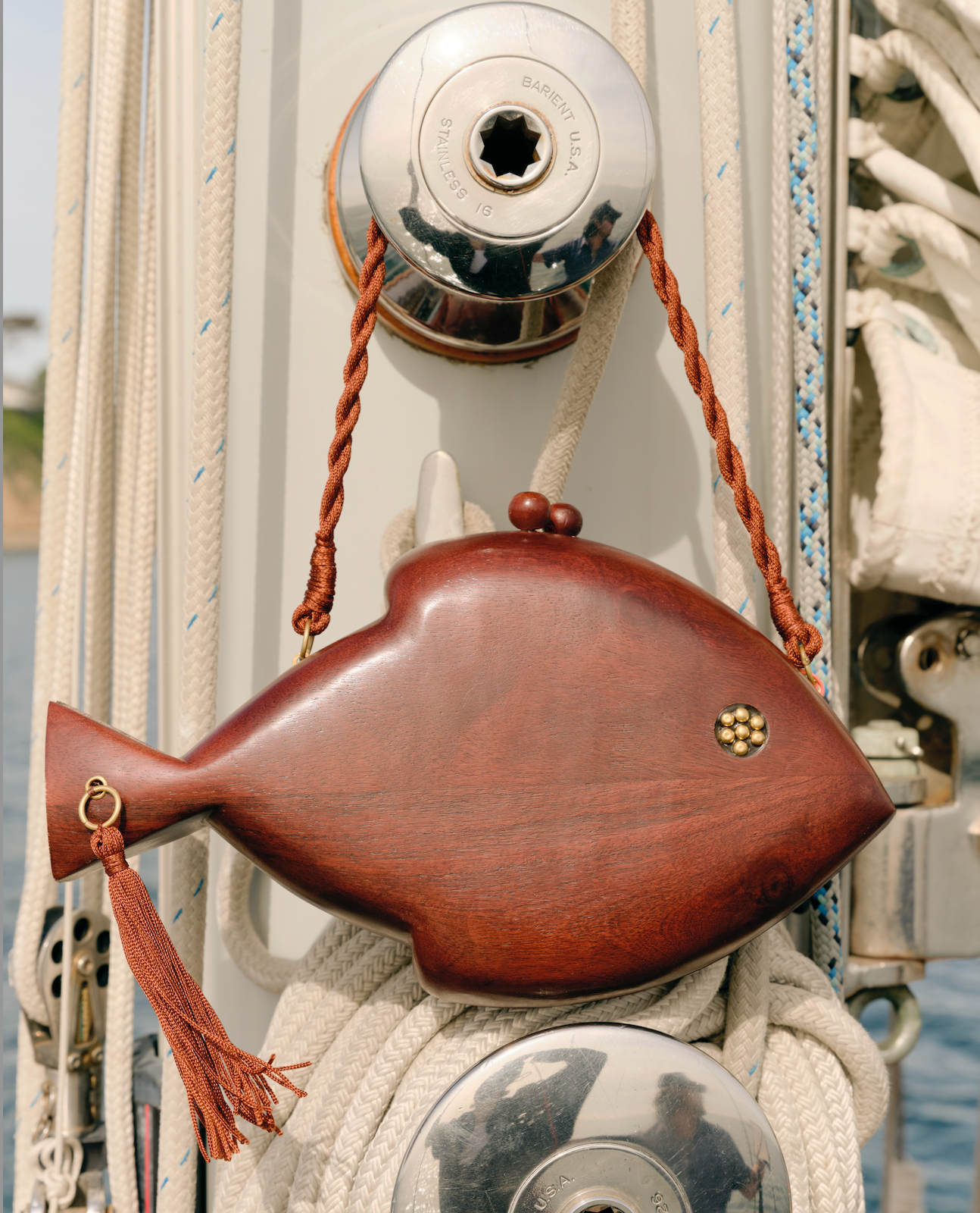 SIMONMILLER Carved Wooden Fish Clutch, Alternate, color, Mahogany