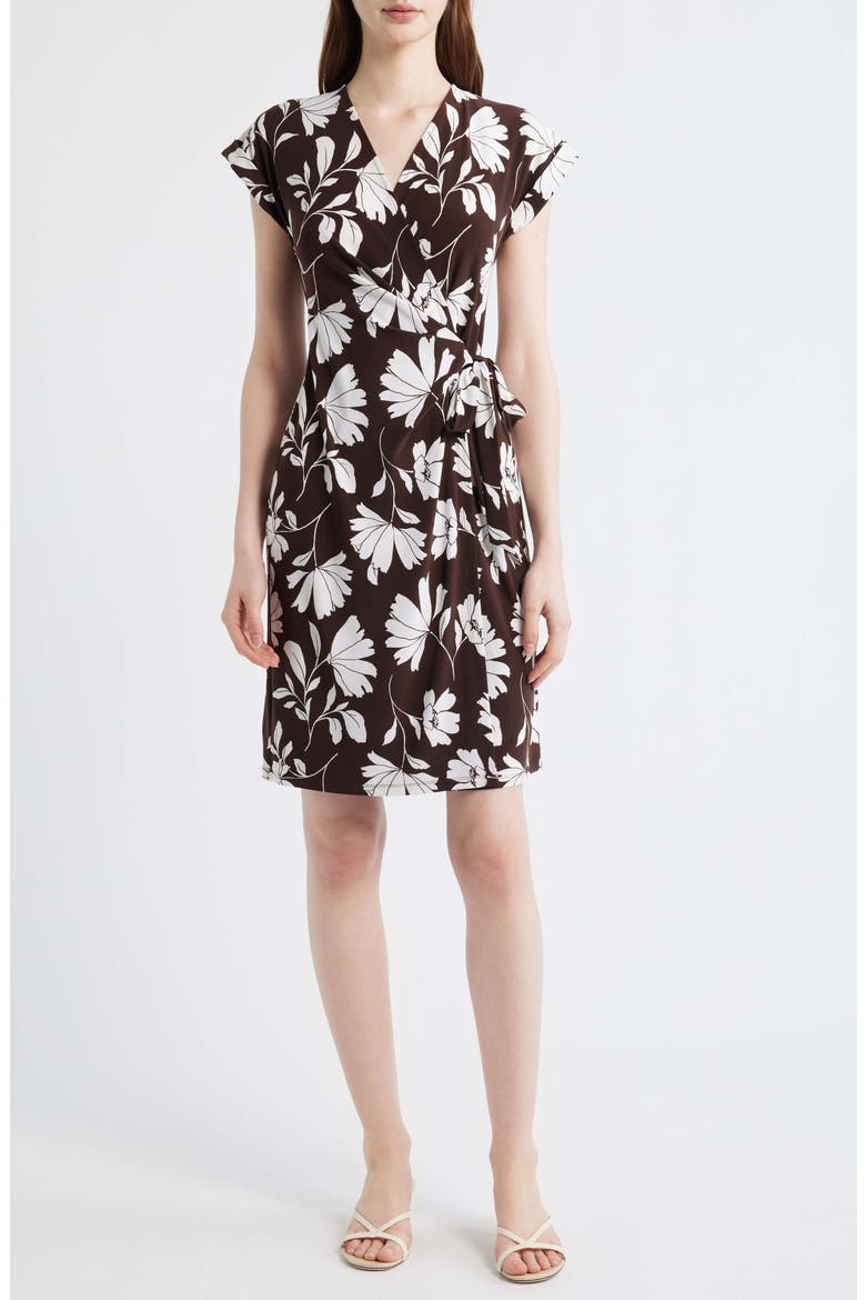 Two-Tone Floral Wrap Dress, Main, color, DARK CHOCOLATE/ WHITE DOVE