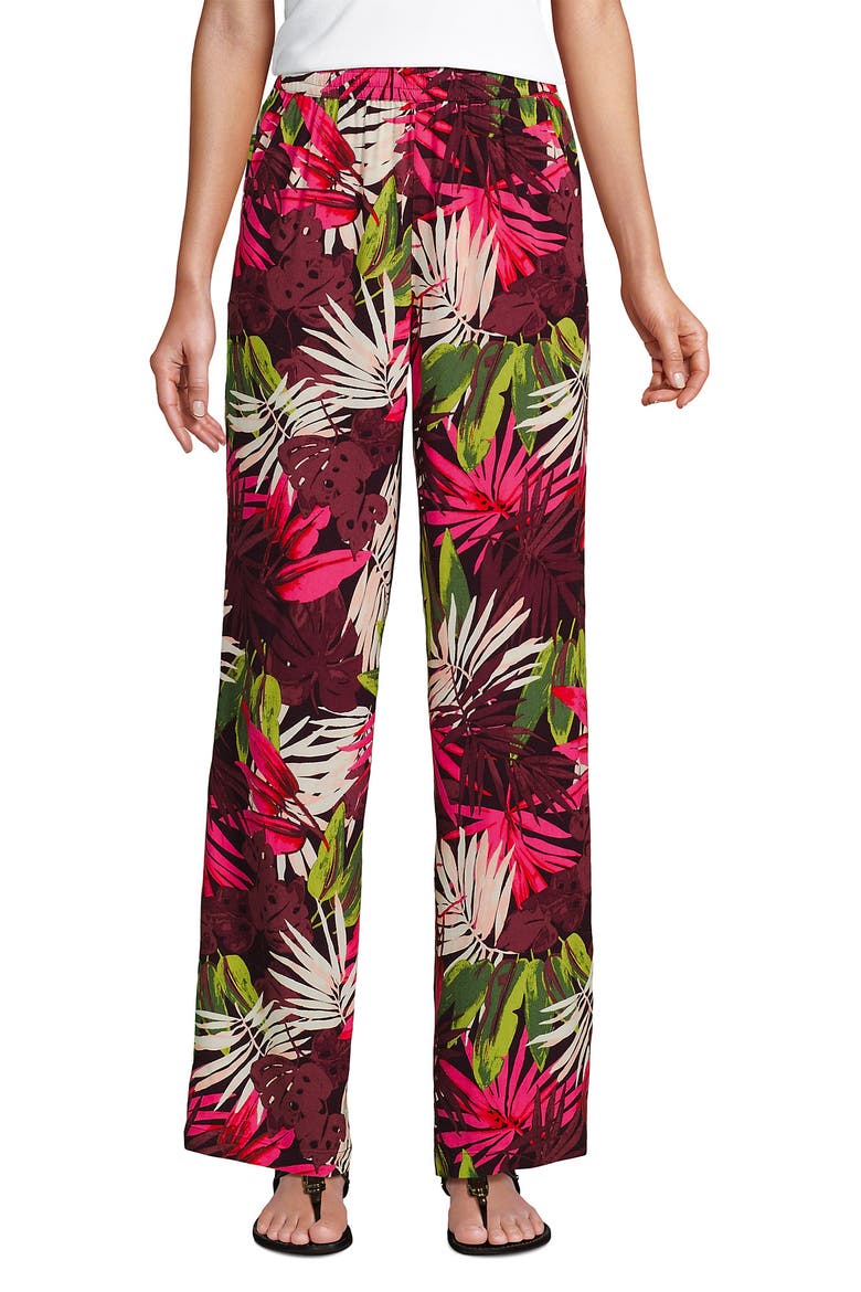 Rayon High Rise Wide Leg Pants - Set Bottom, Alternate, color, Rich Burgundy Tropical Palm
