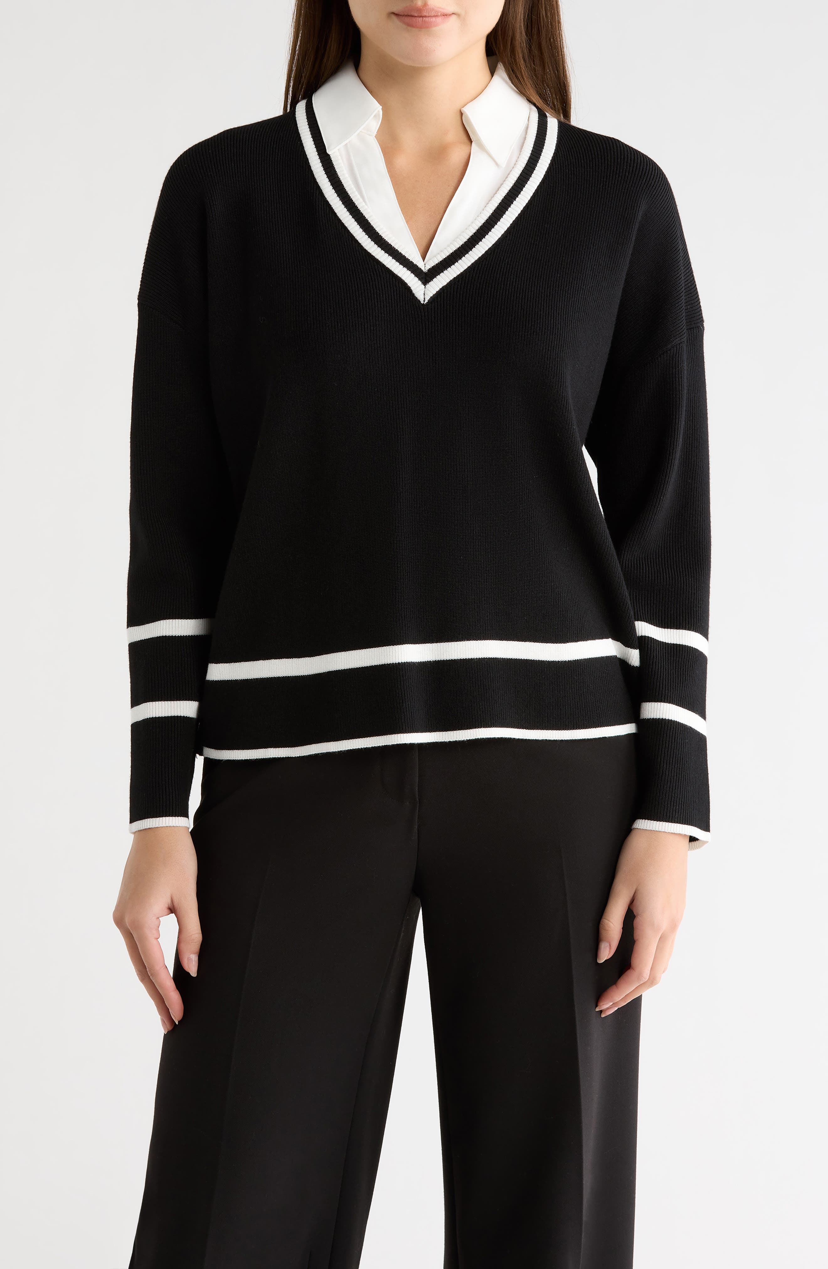 Adrianna Papell V-Neck Twofer Sweater Top