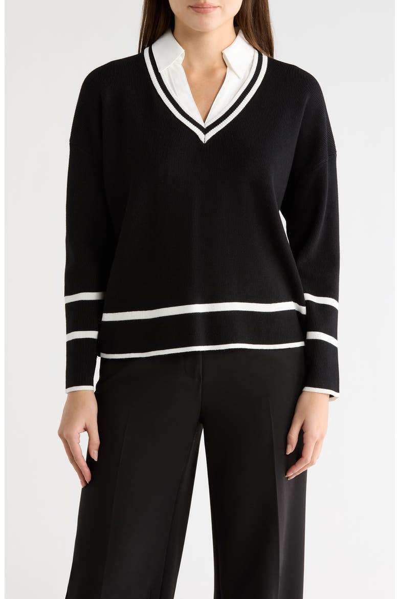 V-Neck Twofer Sweater Top, Main, color, BLACK/ IVORY