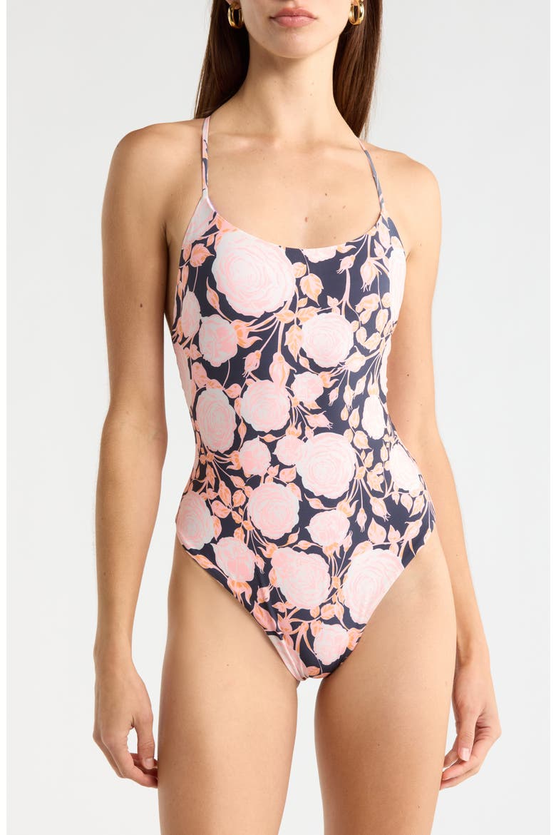 Rose Petals Luster One-Piece Swimsuit, Main, color, BLACK
