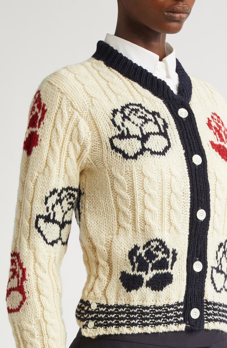 Thom Browne Rose Intarsia Cable Knit Wool & Mohair Cardigan, Alternate, color,