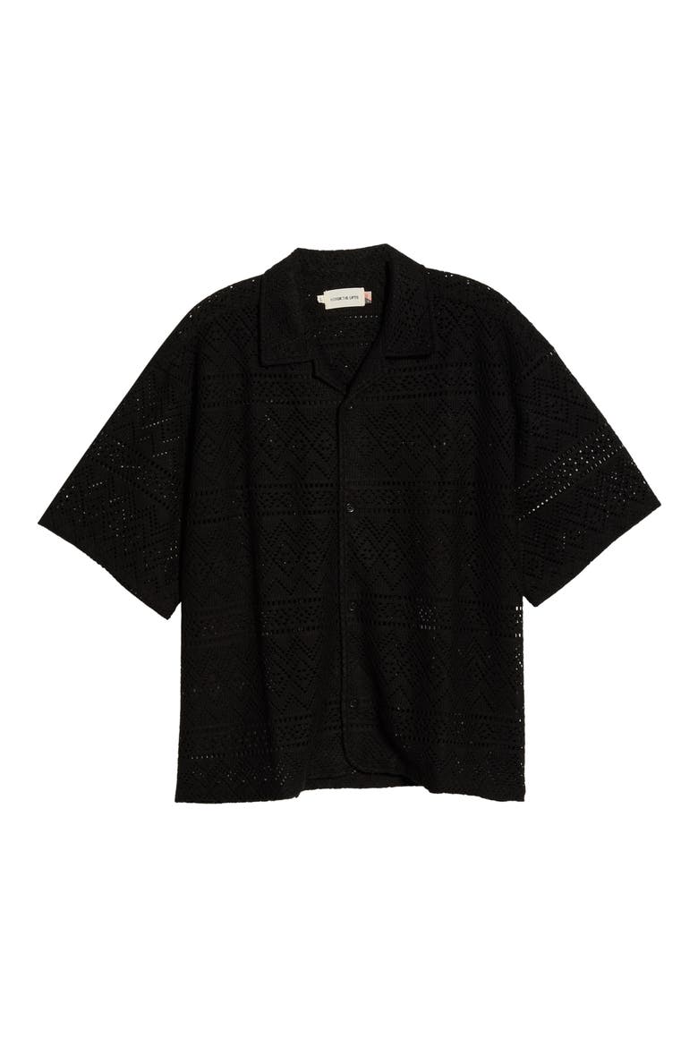 Pointelle Crochet Button-Up Camp Shirt, Alternate, color, BLACK