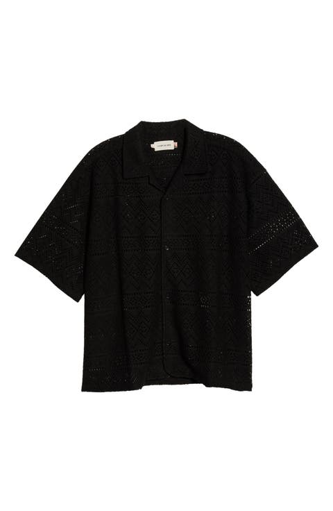 Pointelle Crochet Button-Up Camp Shirt
