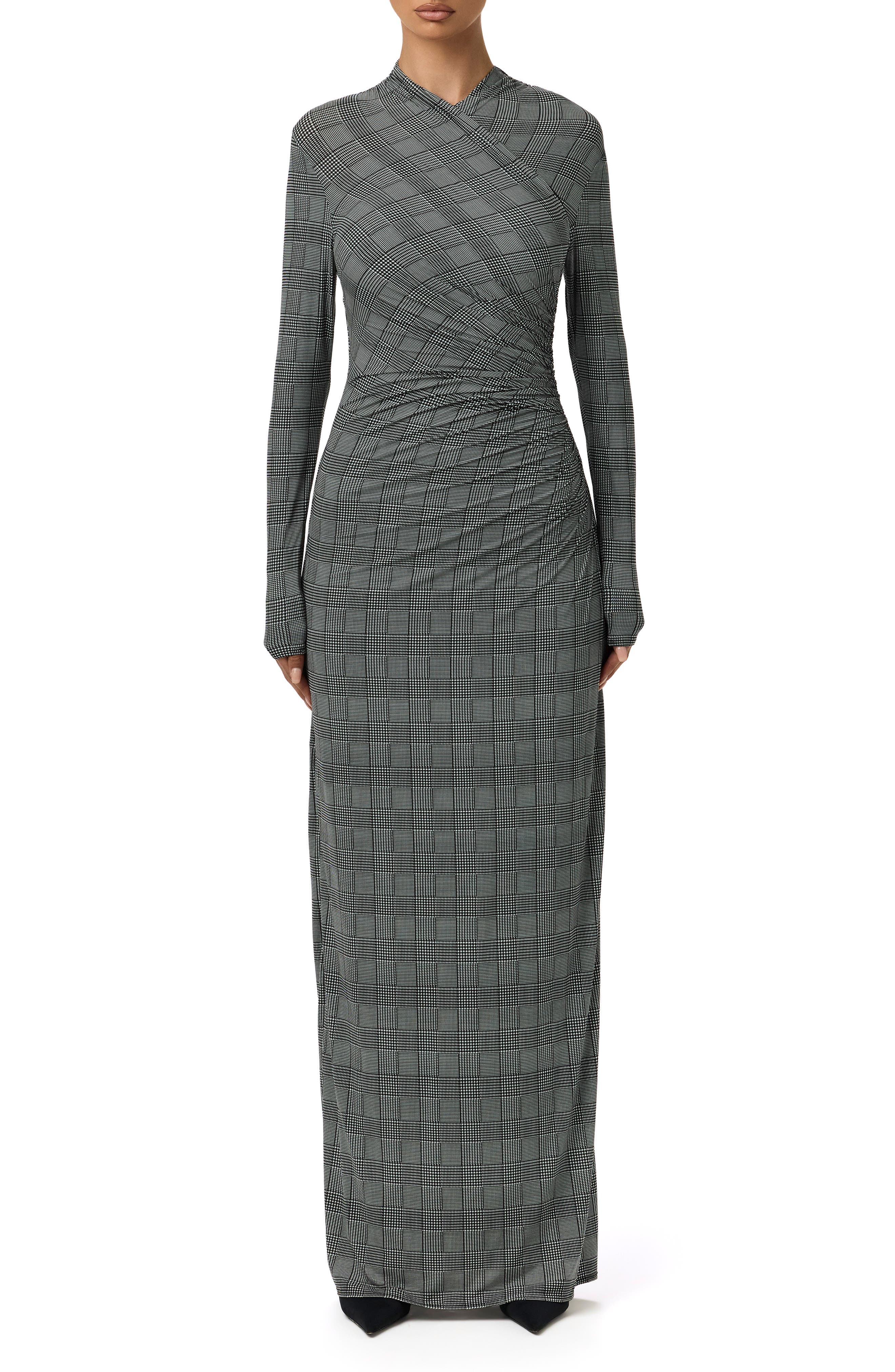 Naked Wardrobe Houndstooth Overlap Neck Long Sleeve Maxi Dress