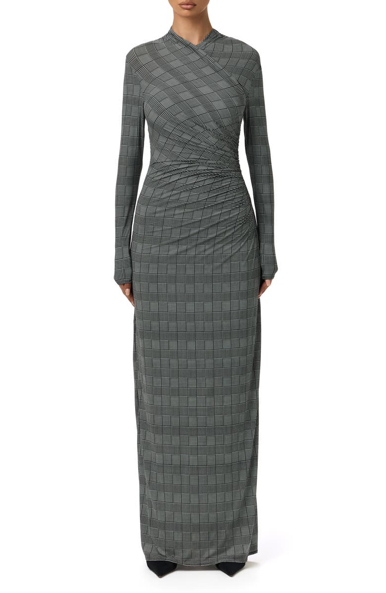 Naked Wardrobe Houndstooth Overlap Neck Long Sleeve Maxi Dress, Main, color, Houndstooth Plaid
