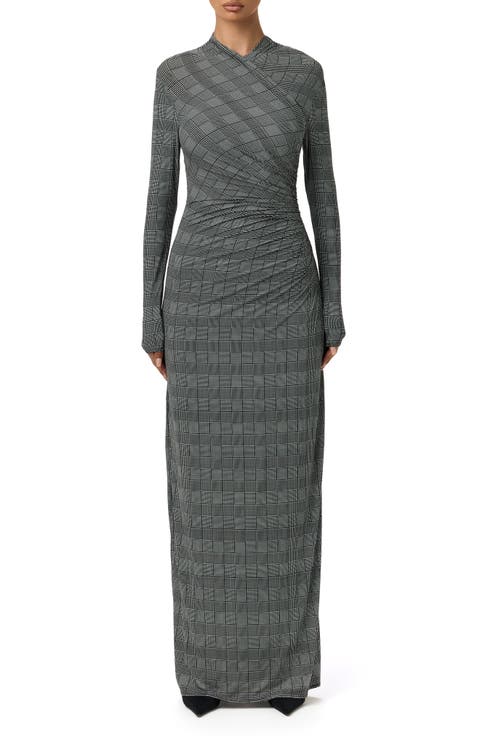 Houndstooth Overlap Neck Long Sleeve Maxi Dress