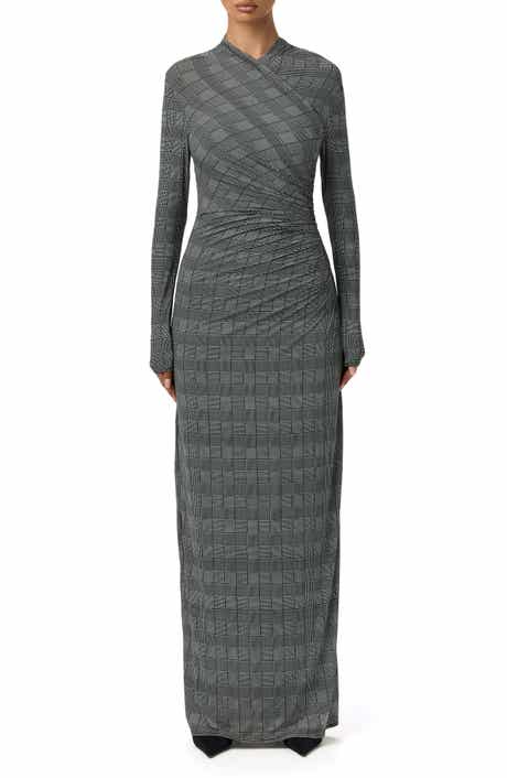 Naked Wardrobe Houndstooth Overlap Neck Long Sleeve Maxi Dress