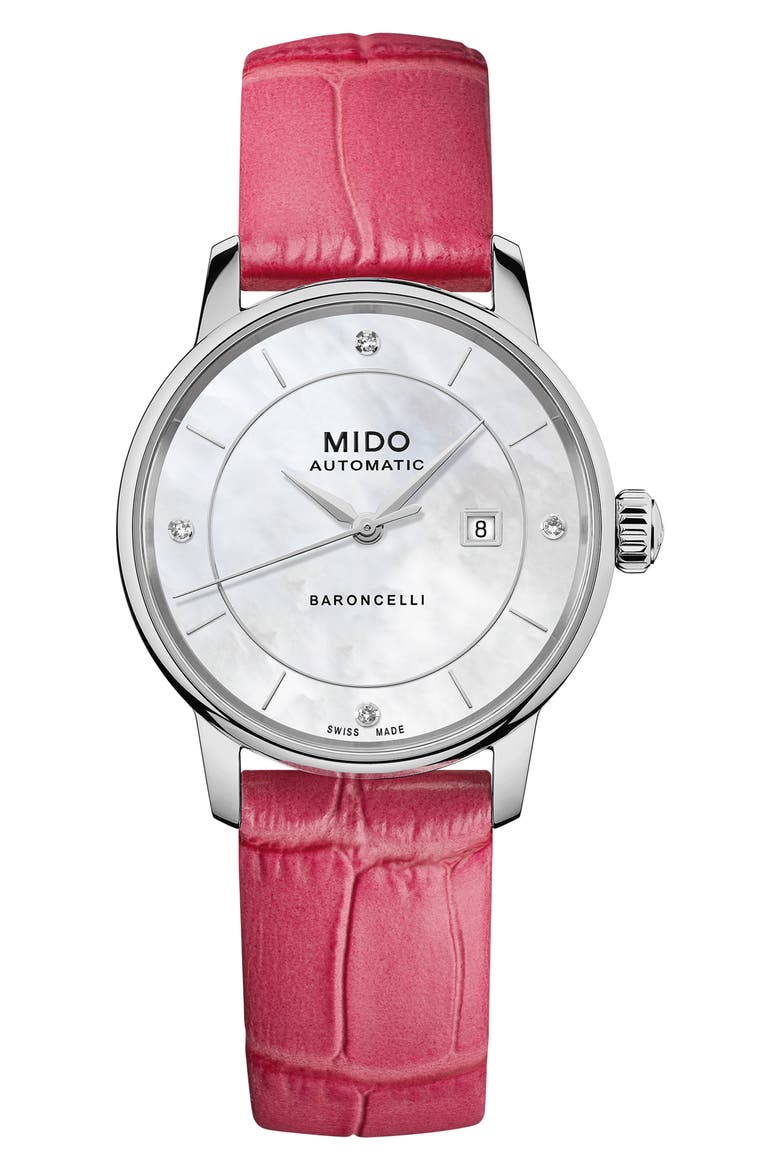Baroncelli Signature Lady Colors Leather Strap Watch, 30mm, Alternate, color, MOTHER OF PEARL/ MULTI