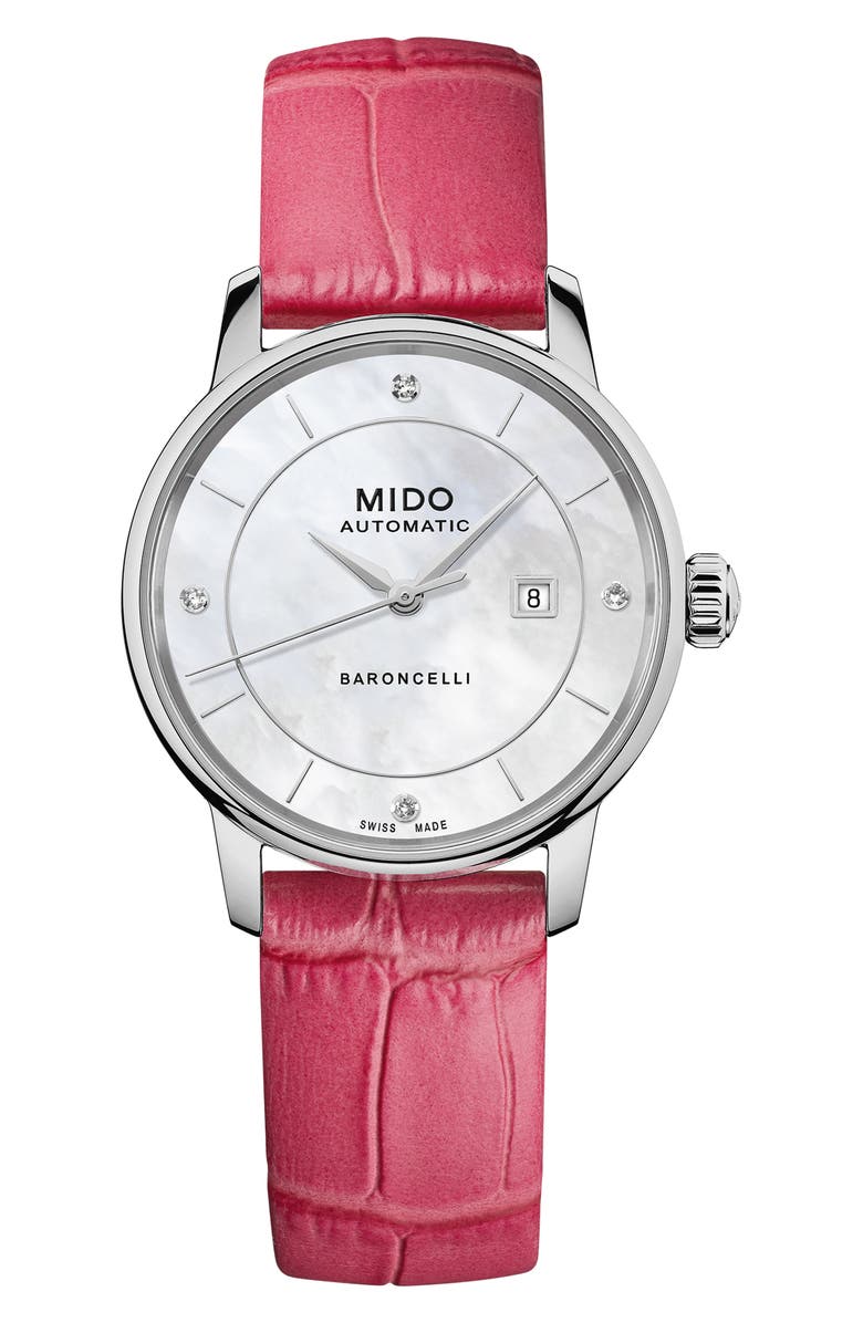 MIDO Baroncelli Signature Lady Colors Leather Strap Watch, 30mm, Alternate, color, Mother Of Pearl/ Multi