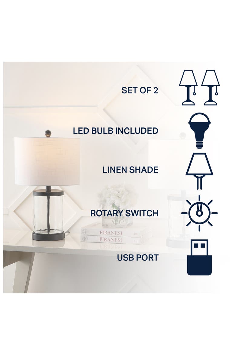 Alexander Modern Designer Iron/Water Glass LED Table Lamp with USB Charging Port, Alternate, color, Black/Clear