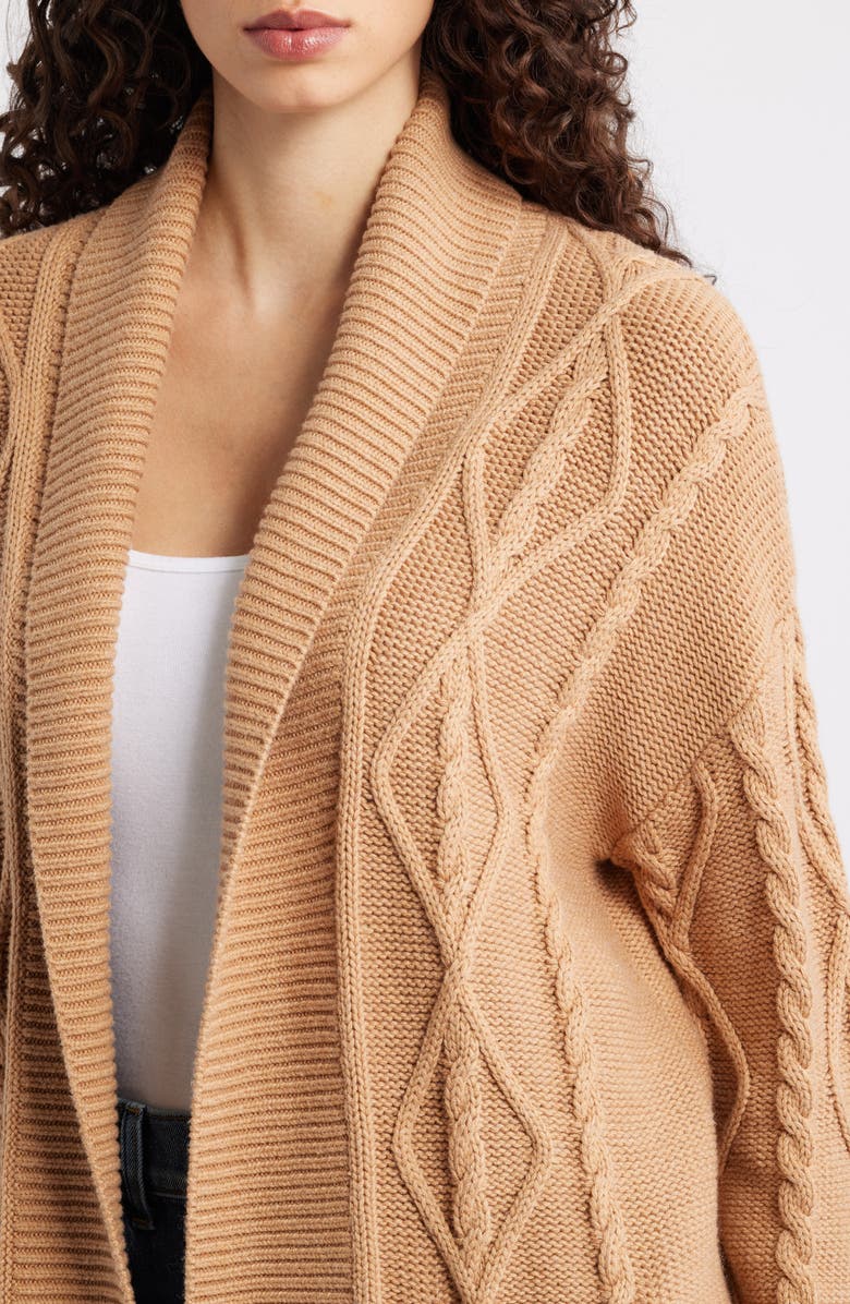 525 america Peggy Cable Stitch Longline Open Front Cardigan, Alternate, color, Camel