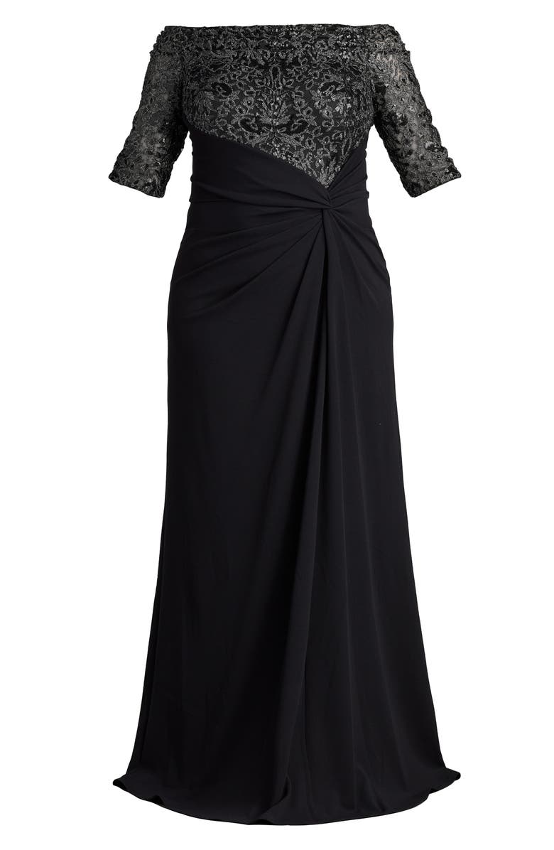 Tadashi Shoji Sequin Bodice Mixed Media Off the Shoulder Gown, Alternate, color,