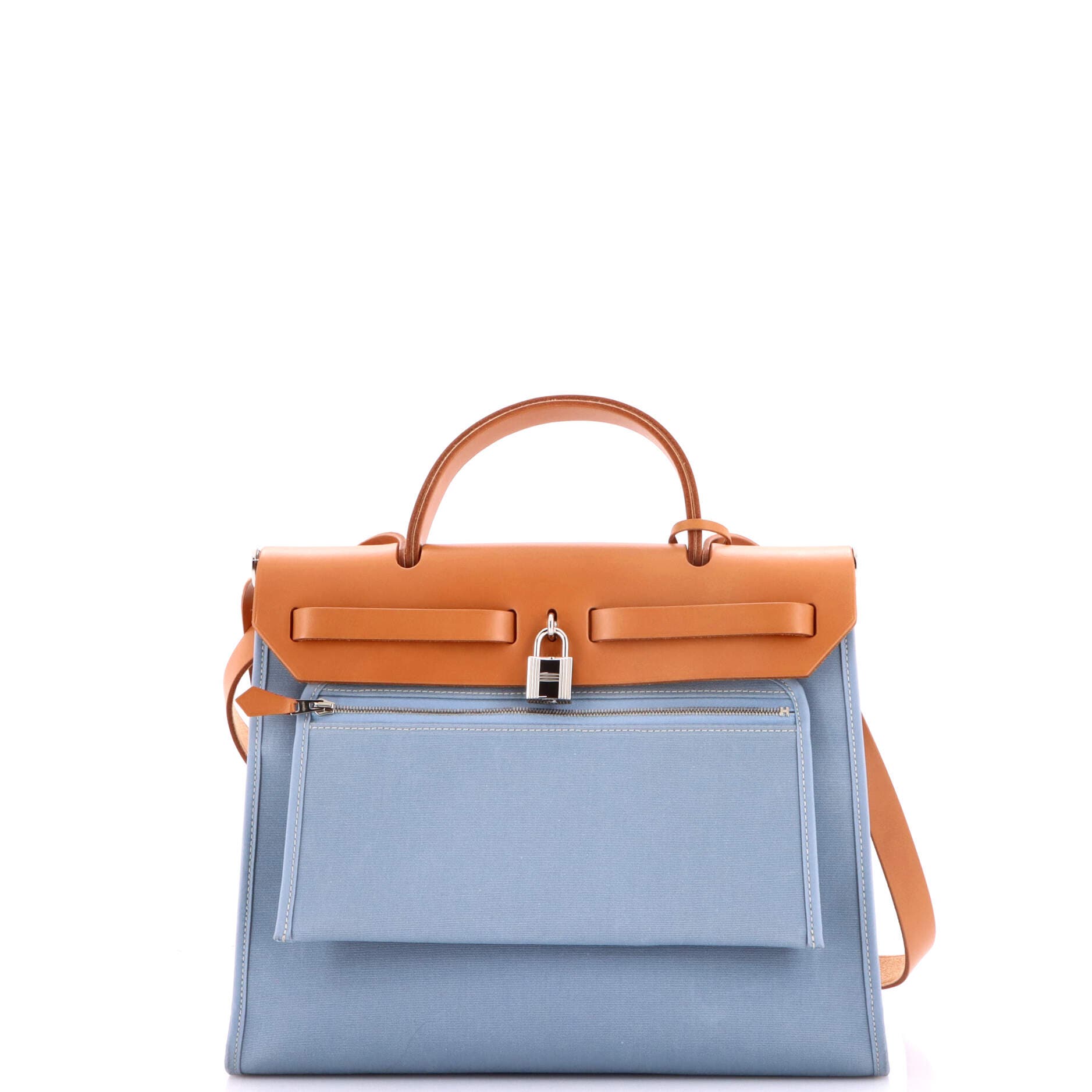 Pre-Owned Hermes Herbag Zip Leather and Toile 31, Alternate, color, Bleu Lin