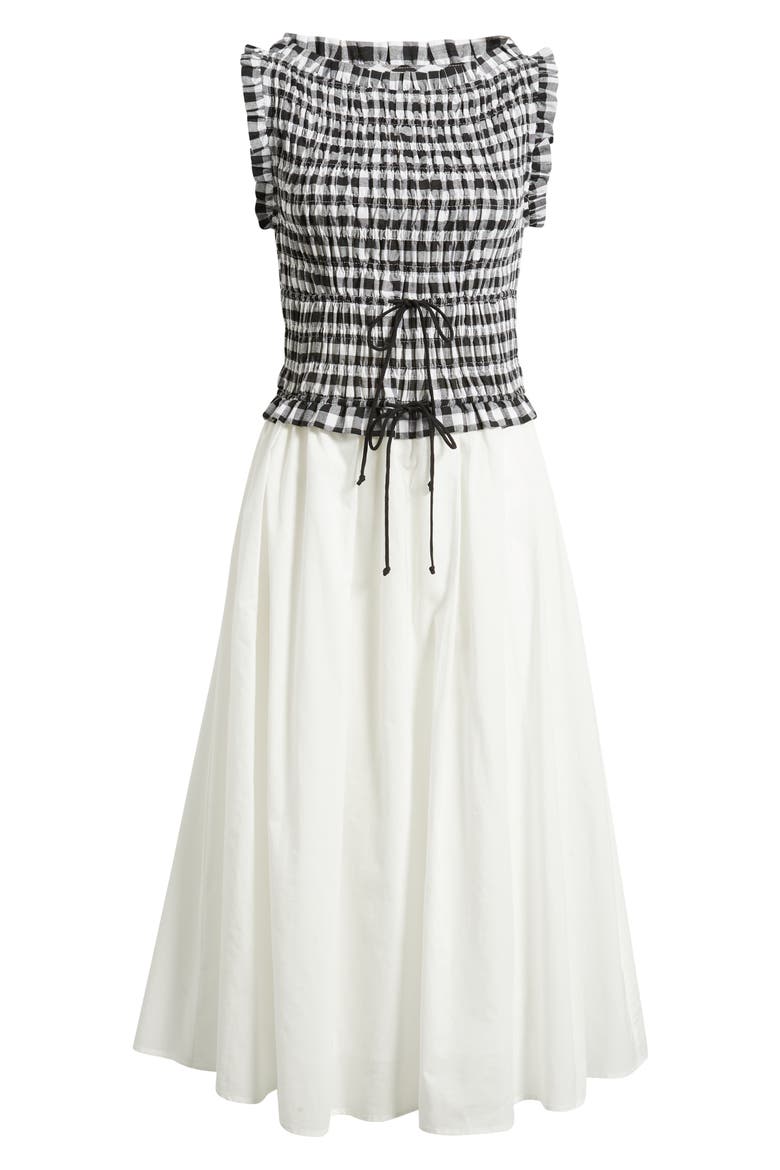 Maelle Gingham Smocked Two Tone Midi Dress, Alternate, color, BLACK