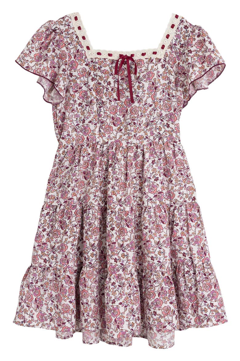 Kids' Lace Trim Ditsy Floral Dress, Main, color, IVORY/ ROSE JM