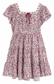 Kids' Lace Trim Ditsy Floral Tiered Dress