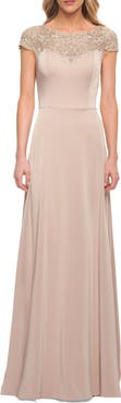 La Femme Jersey Gown with Full Skirt and Lace Detail Top