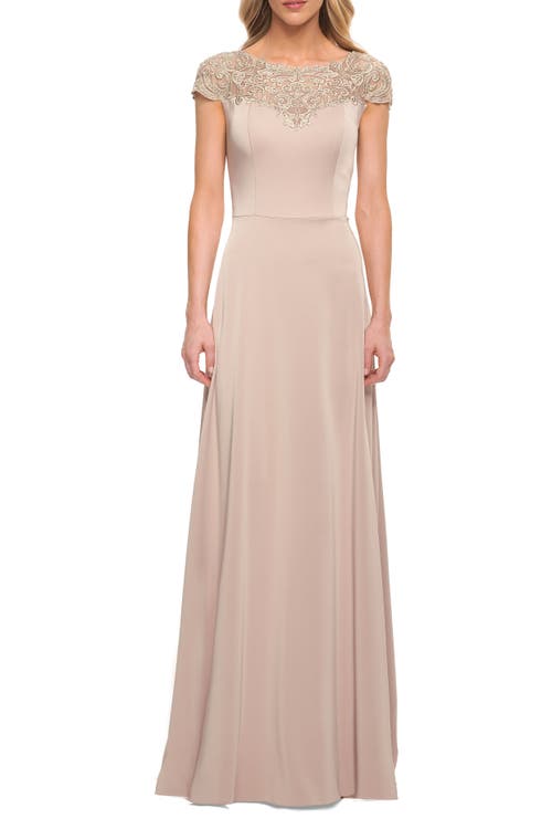 La Femme Jersey Gown with Full Skirt and Lace Detail Top in Champagne at Nordstrom, Size 2