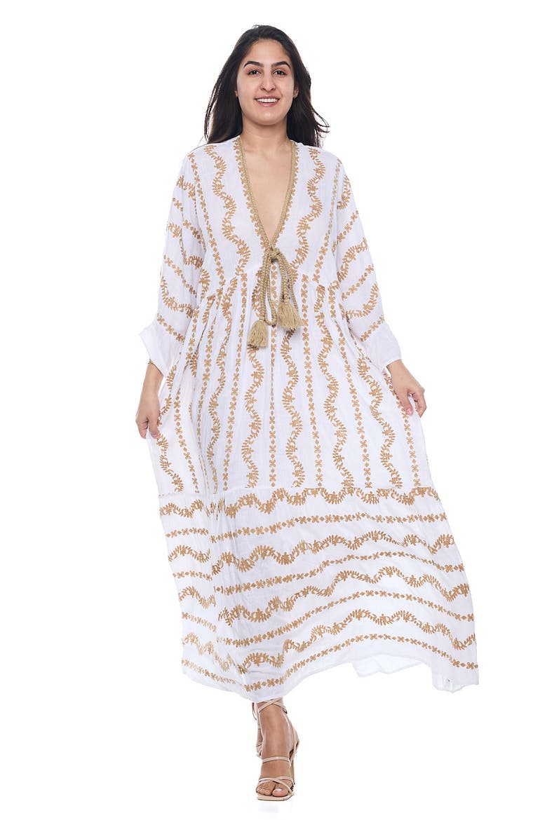 Plunge Neck Cotton Caftan Dress, Alternate, color, WHITE