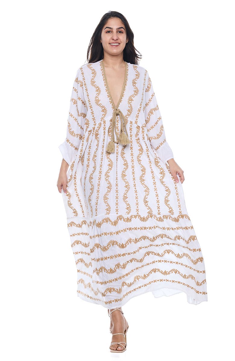 RANEES Plunge Neck Cotton Caftan Dress, Alternate, color, White