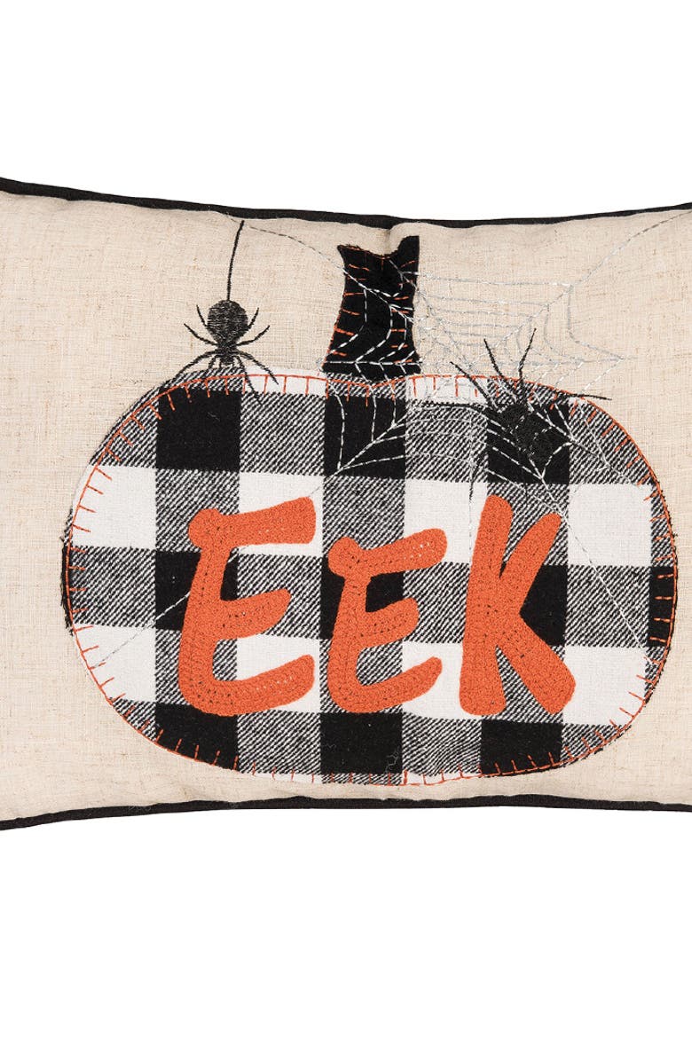 Franklin Plaid Black Pumpkin "Eek" Spider Web Halloween Linen Accent Pillow, 14" x 22", Alternate, color, Beige