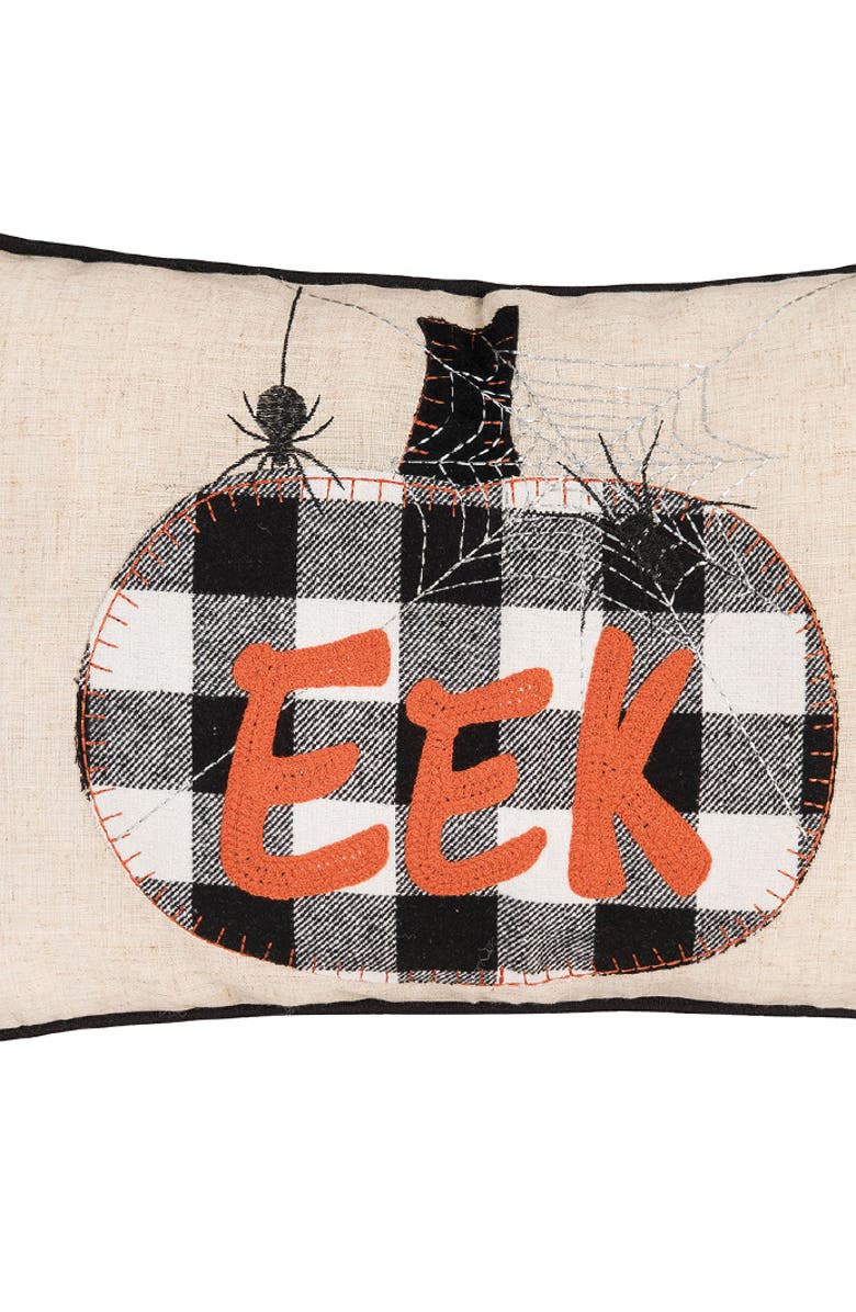 C&F Home Franklin Plaid Black Pumpkin "Eek" Spider Web Halloween Linen Accent Pillow, 14" x 22", Alternate, color, Beige