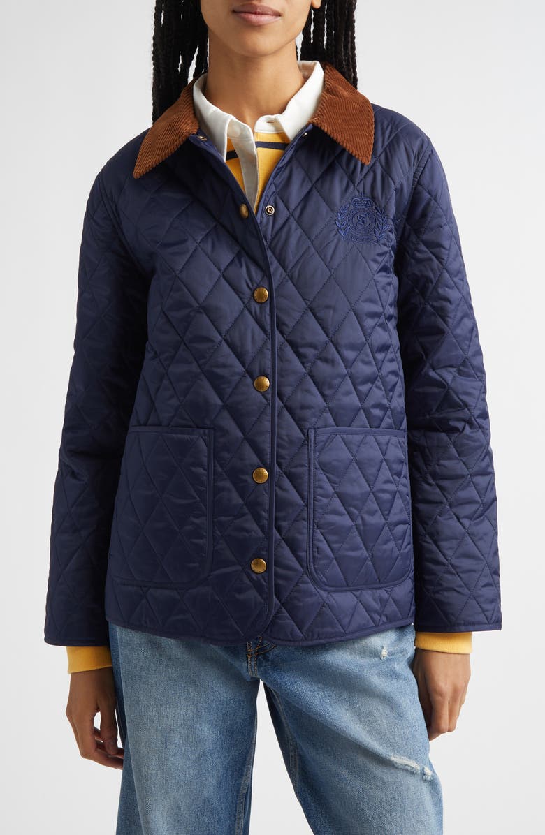Sporty & Rich Logo Crest Quilted Nylon Jacket, Main, color, Dark Navy