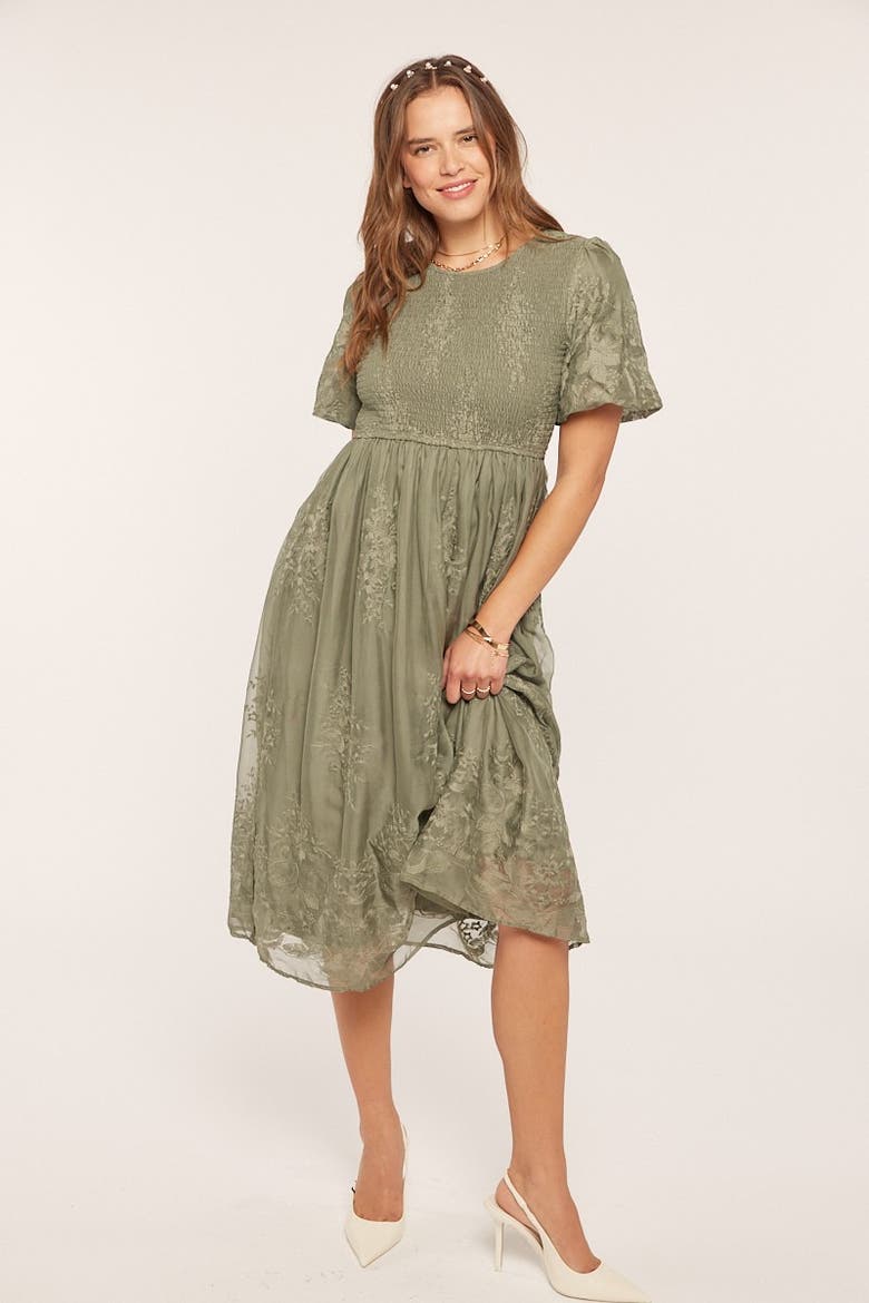 Olive Floral Lace Smocked Midi Dress, Main, color, Light Olive