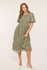 PinkBlush Olive Floral Lace Smocked Midi Dress