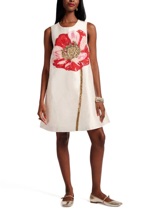 Frances Valentine Alice Shift Dress W/sequin Flower In Gold