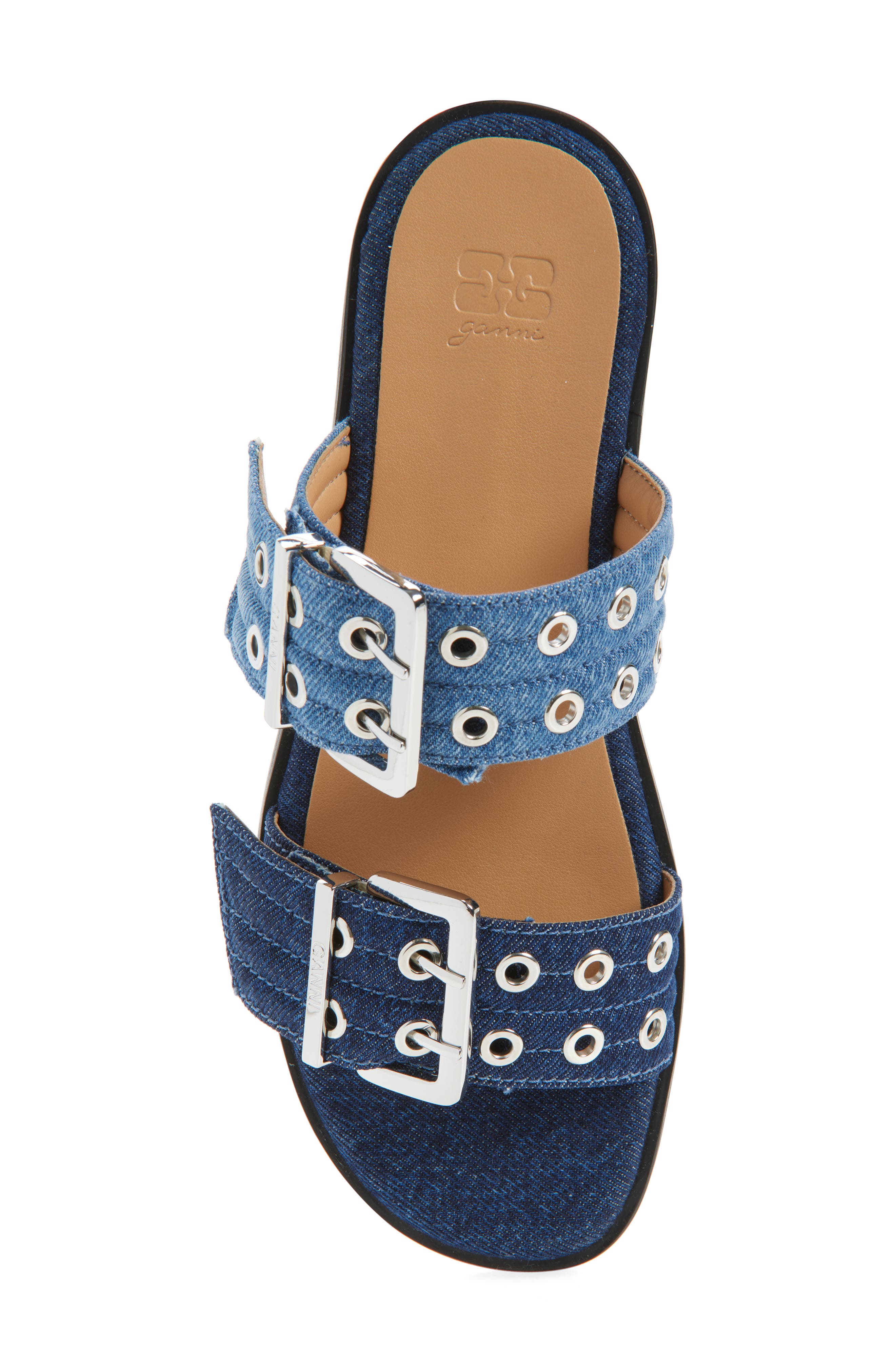 Ganni Feminine Buckle Strap Denim Slide Sandal, Alternate, color, Mid Blue Vintage