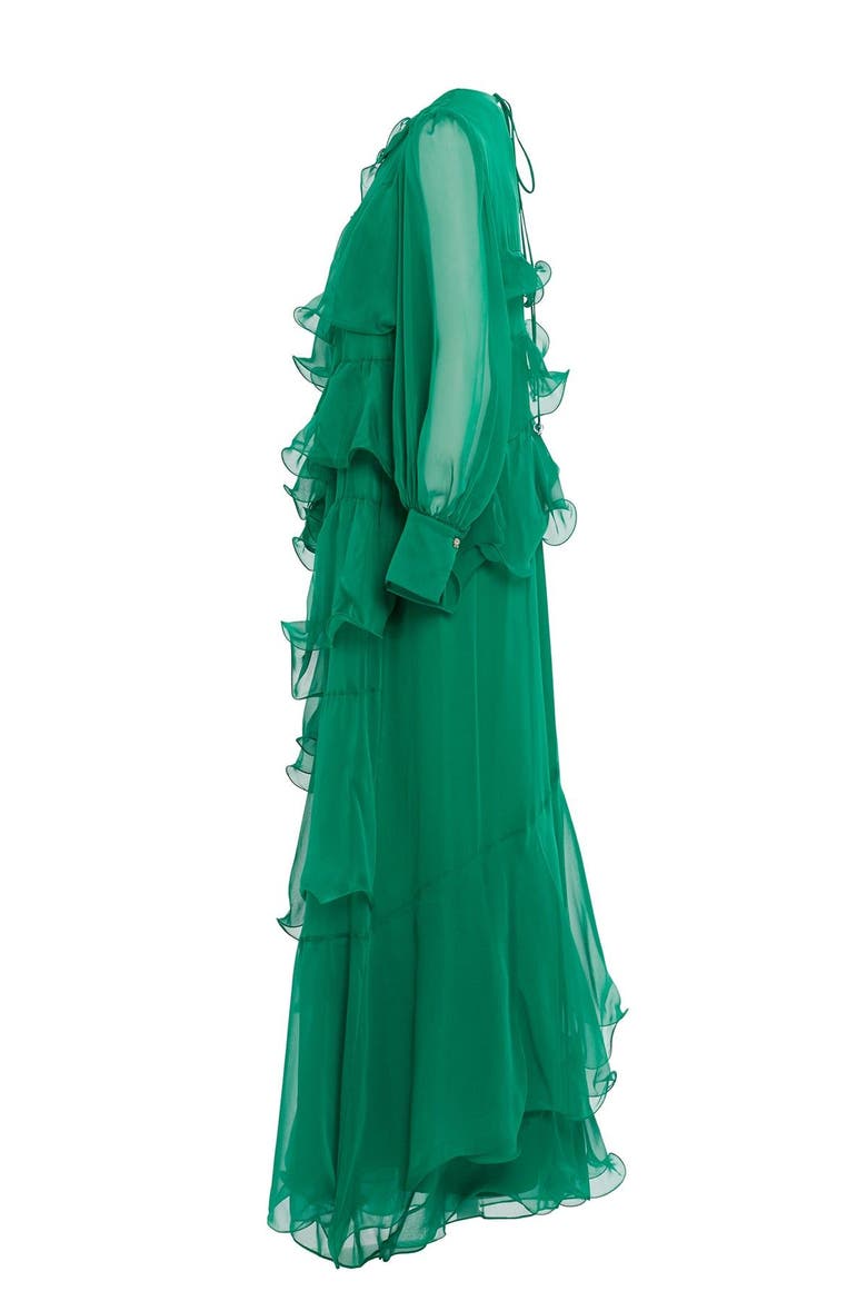 Asymmetric Ruffle Detail Long-Sleeve Lined Maxi Green Dress, Alternate, color, Green