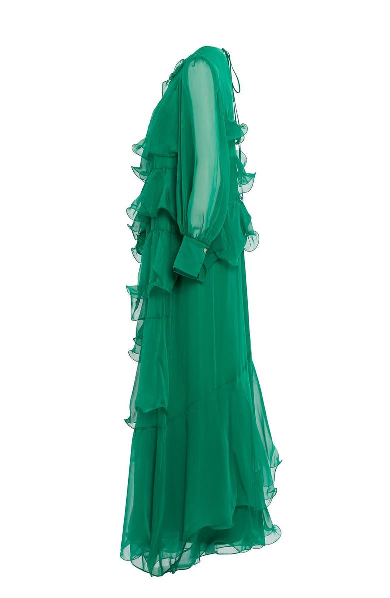 Gizia Asymmetric Ruffle Detail Long-Sleeve Lined Maxi Green Dress, Alternate, color, Green