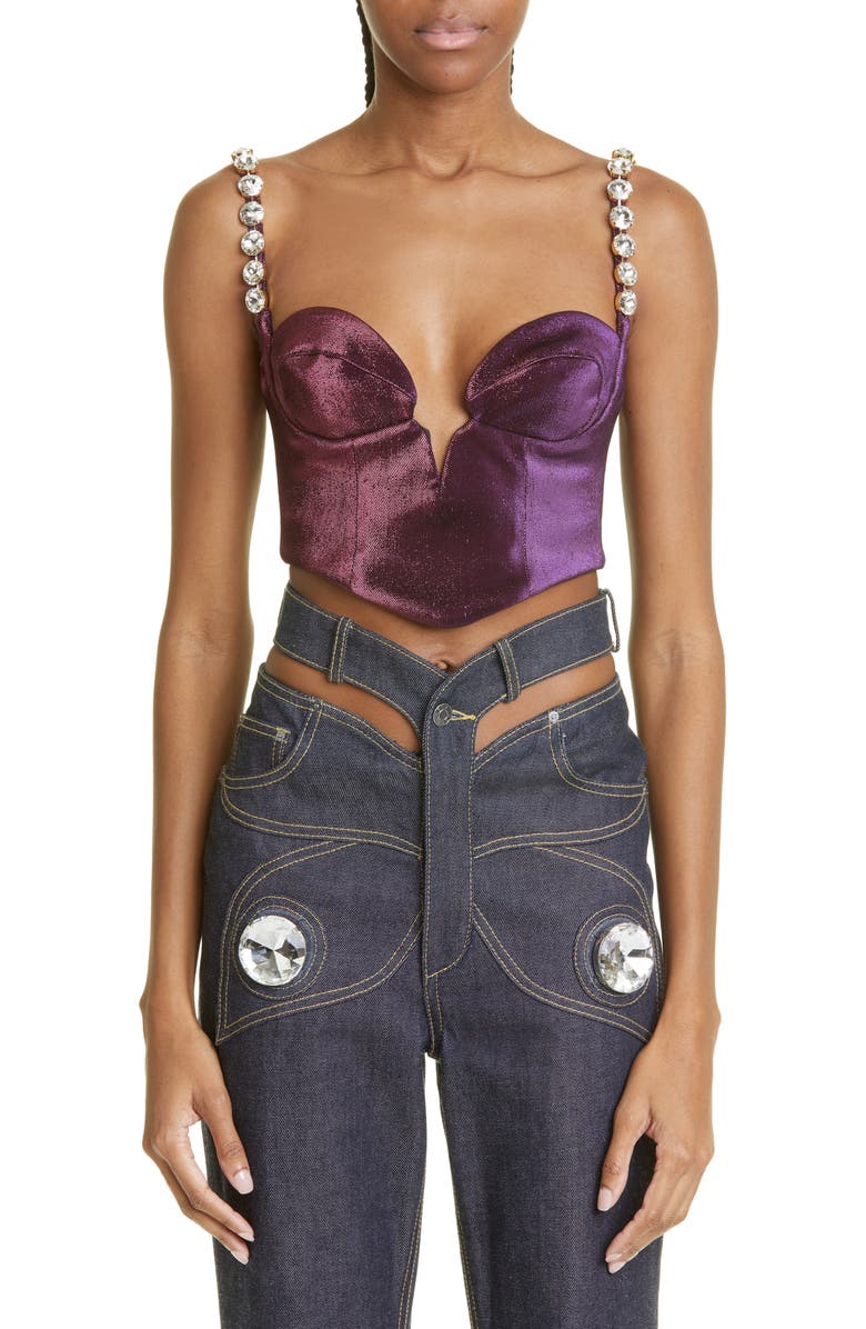 Area Crystal Strap Stretch Lamé Bustier Top, Main, color,