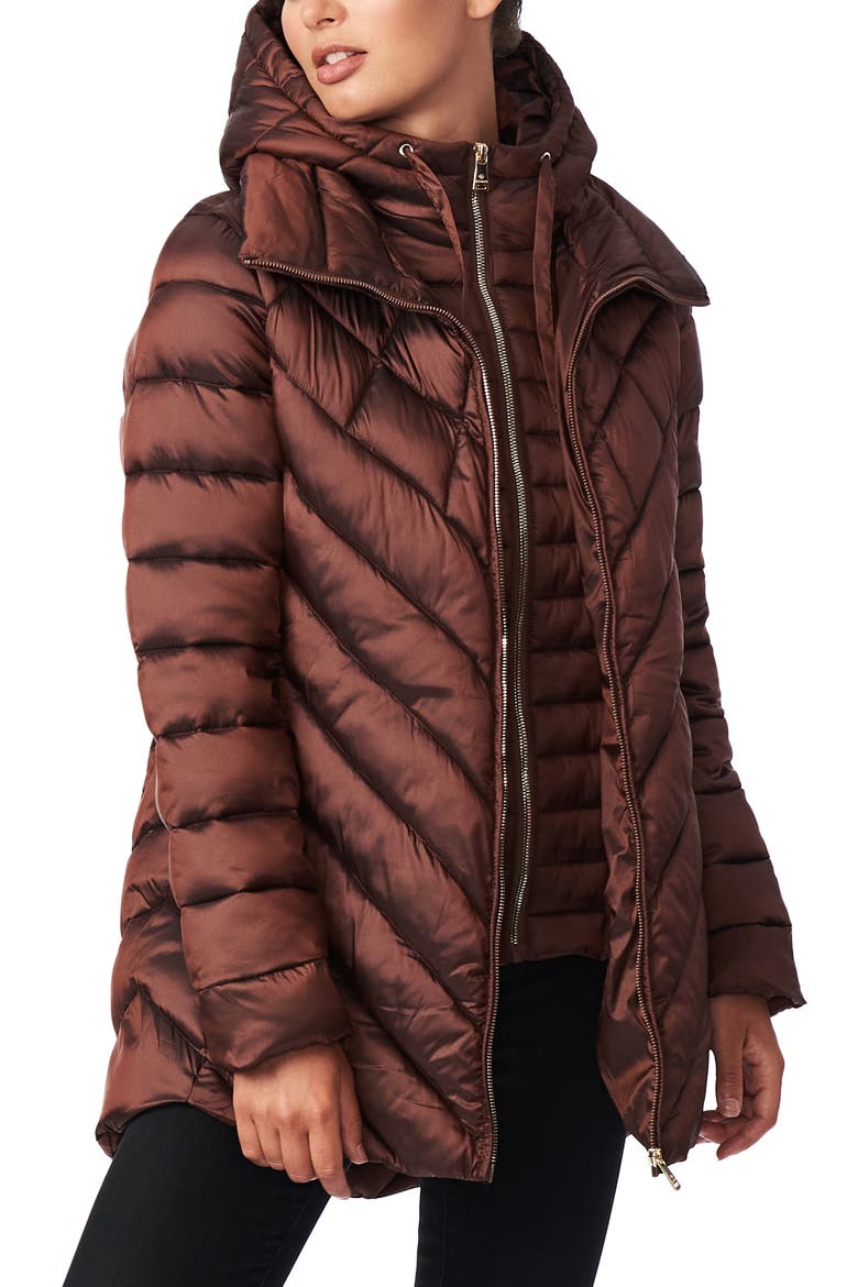 Asymmetrical Channel Quilted Jacket with Hooded Bib Inset, Main, color, ESPRESSO