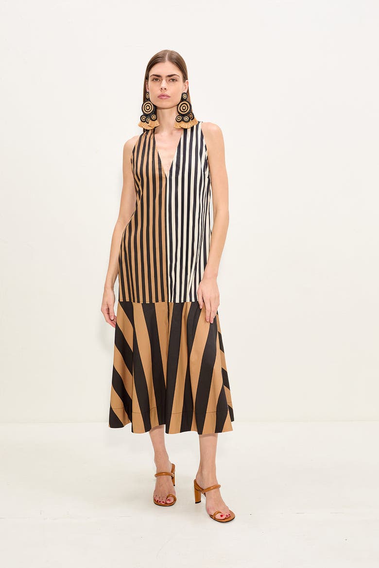 Celeste Poplin Midi Dress, Alternate, color, Black/Tan Stripe Combo