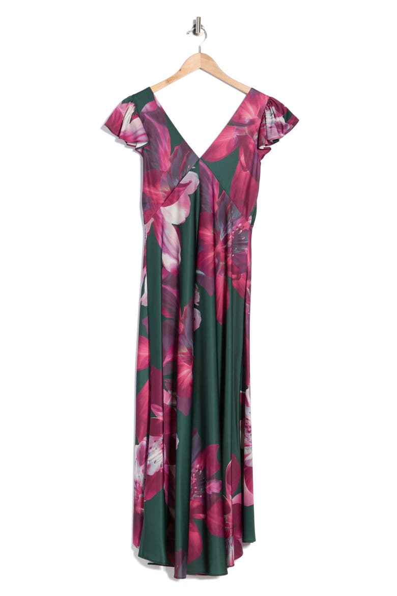 Floral Flutter Sleeve V Neck Midi Dress, Alternate, color, GREY/ AUBERGINE
