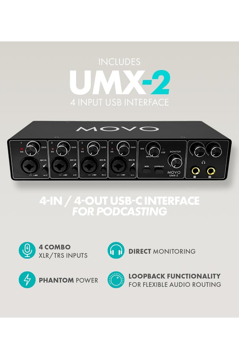 Four Person Podcast Equipment Bundle with 4 Channel USB Audio Interface, 4 CastMic Dynamic Microphones, and 4 Boom Arms, Alternate, color, Black