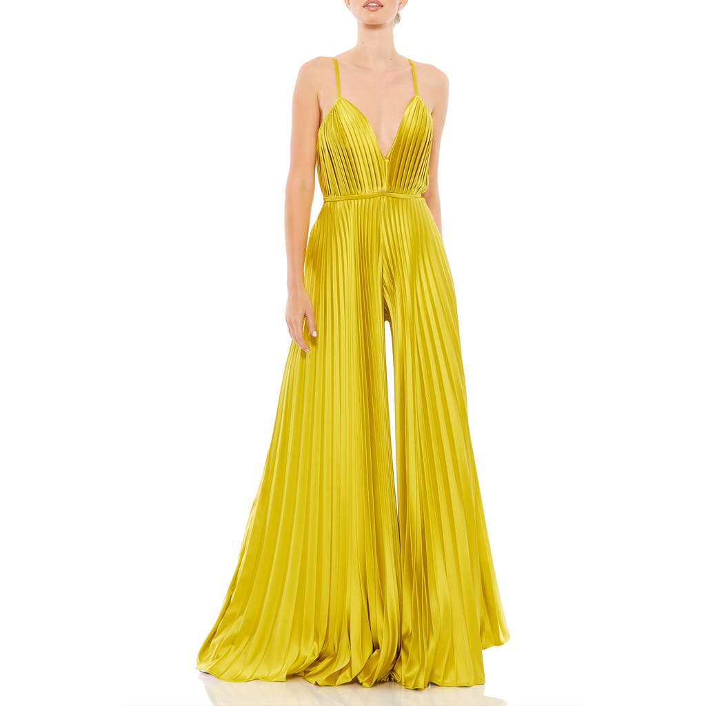 Mac Duggal Pleated Plunge Neck Wide Leg Jumpsuit In Chartreuse