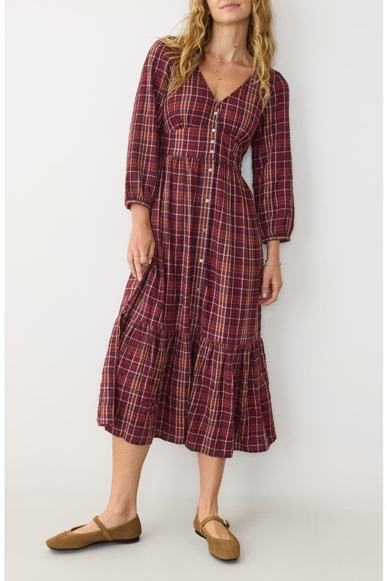 Maeve Plaid Tiered Midi Shirtdress, Main, color, MERLOT PLAID