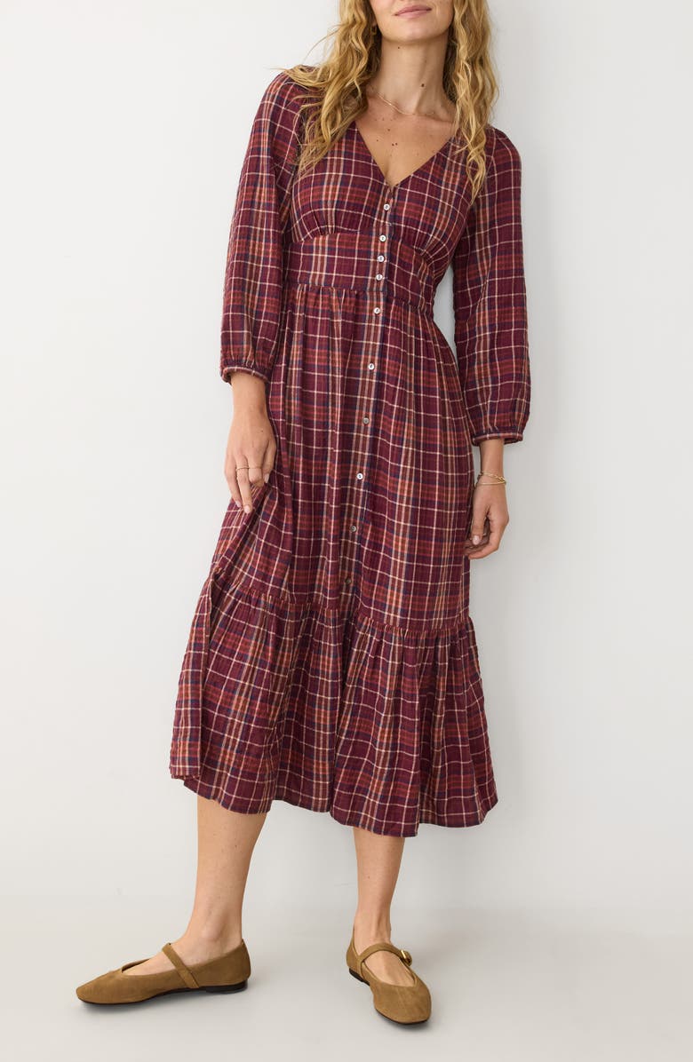Marine Layer Maeve Plaid Tiered Midi Shirtdress, Main, color, Merlot Plaid