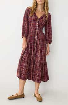 Marine Layer Maeve Plaid Tiered Midi Shirtdress