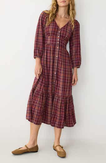 Marine Layer Maeve Plaid Tiered Midi Shirtdress