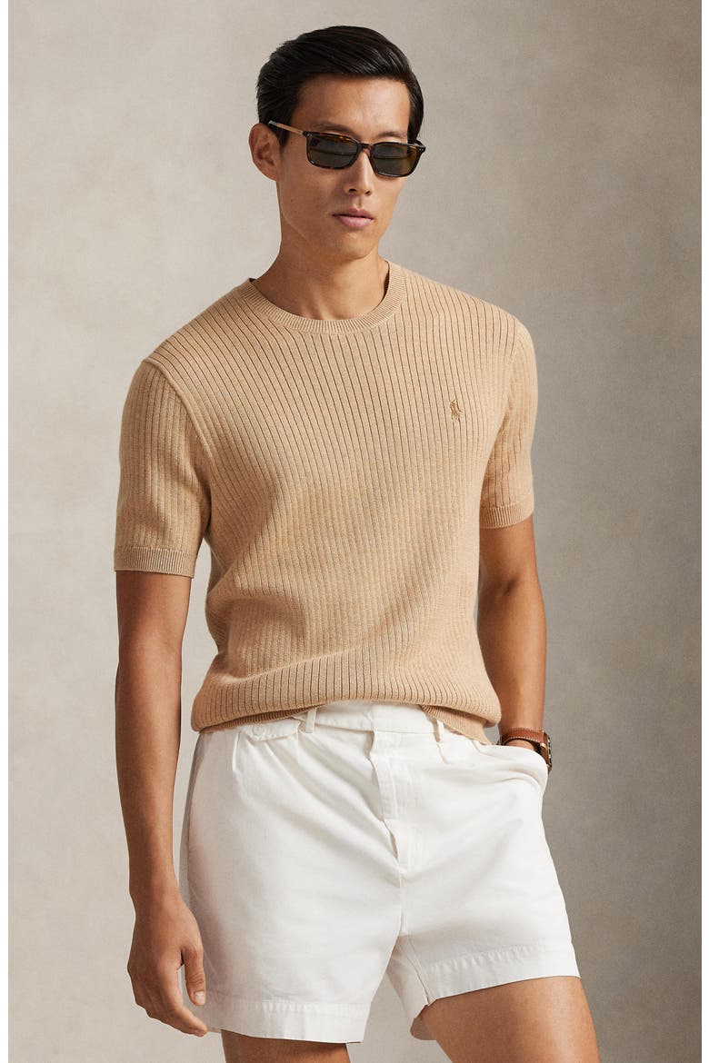 Ribbed Cotton Short Sleeve Sweater, Alternate, color, CAMEL MELANGE