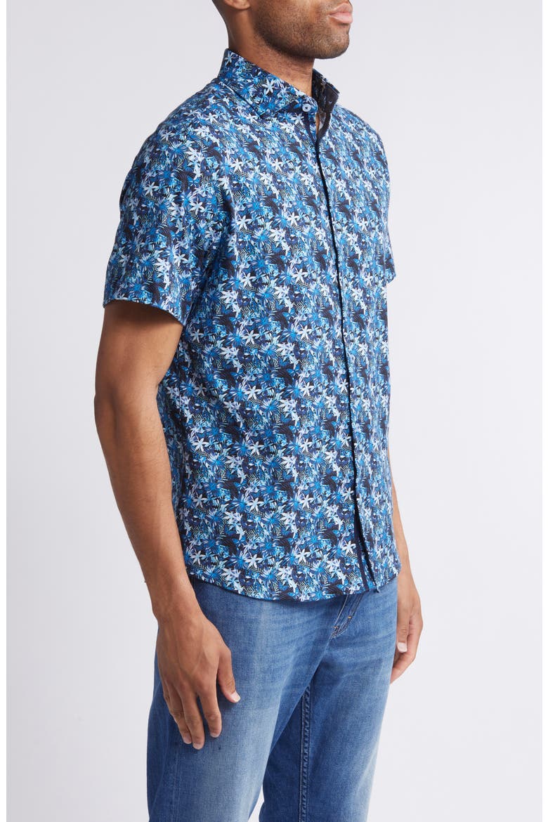 Floral Butterfly Print Short Sleeve Stretch Button-Up Shirt, Alternate, color, NAVY