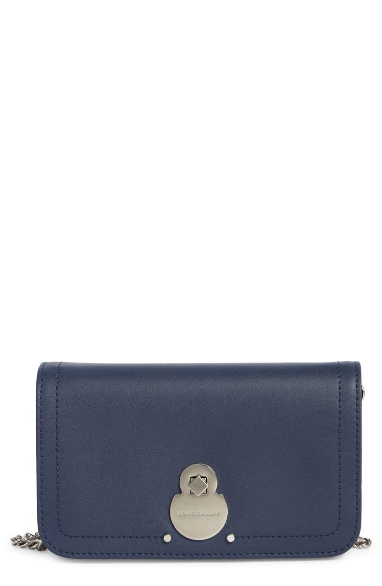 Longchamp Leather Flap Wallet on a Chain, Main, color, Navy